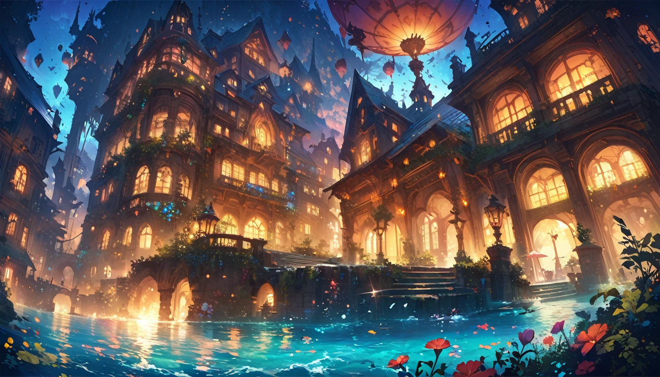 color (fantasy: 1.2), (Miyazaki style), (Irregular buildings floating on the sea), Patchwork cottage, Floral Decoration, Light, Concept art inspired by Andreas Rocha, Artstation Contest Winners, fantasy art, (Underwater city), Ross Chen, Light shaft, Realistic lighting, masterpiece, high quality, Beautiful graphics, Attention to detail, masterpiece, high quality, Beautiful graphics, Attention to detail, 