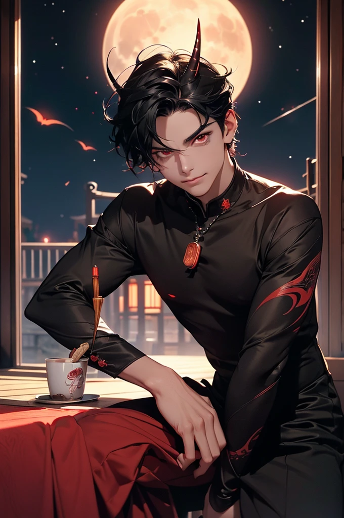 (extremely detailed CG unity 8k wallpaper,masterpiece),(best illumination, best shadow, an extremely delicate and beautiful),(1boy) dark hair,red and black sci-fi bodysuit,neck seal, dynamic pose, Young man sitting in front of a round Japanese-style window, Japanese temple, demon, oni, horns, kimono, long eyelashes, tousled white hair, red eyes, demon tail, detailed eyes, detailed hair, detailed face, night, moon, dancing shadow, sharp-toothed smile, moonlight, dark, scary.