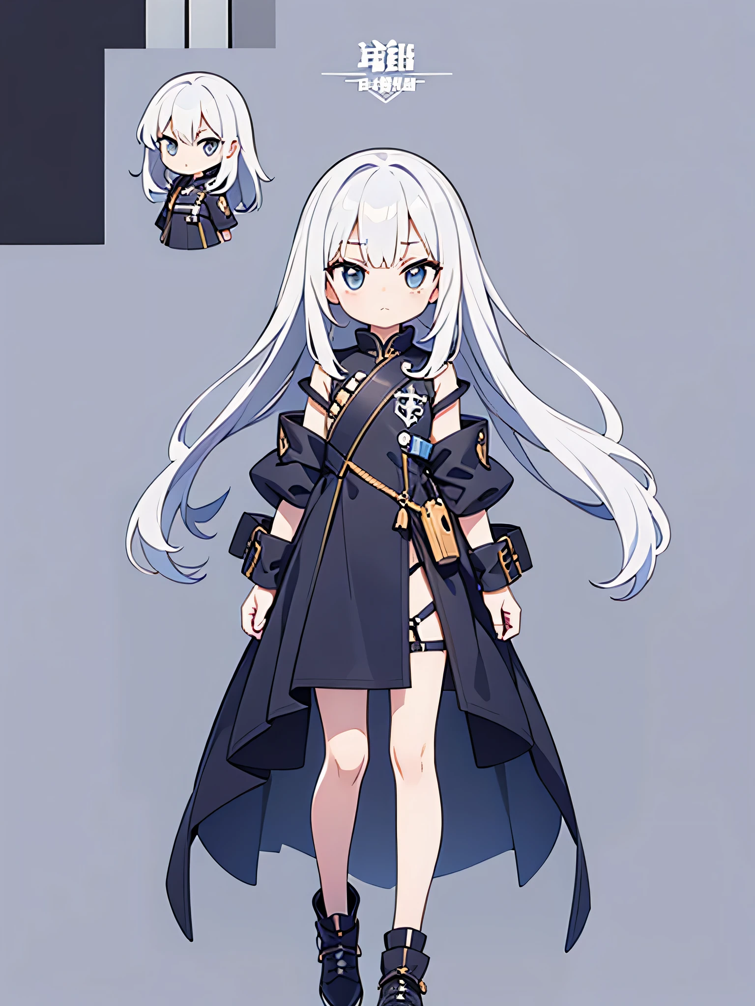 ultra-detailed, grey background, simple background, chibi, arms at sides, upright, concept art, solo, cowboy shot, full body, looking at viewer, Long white hair