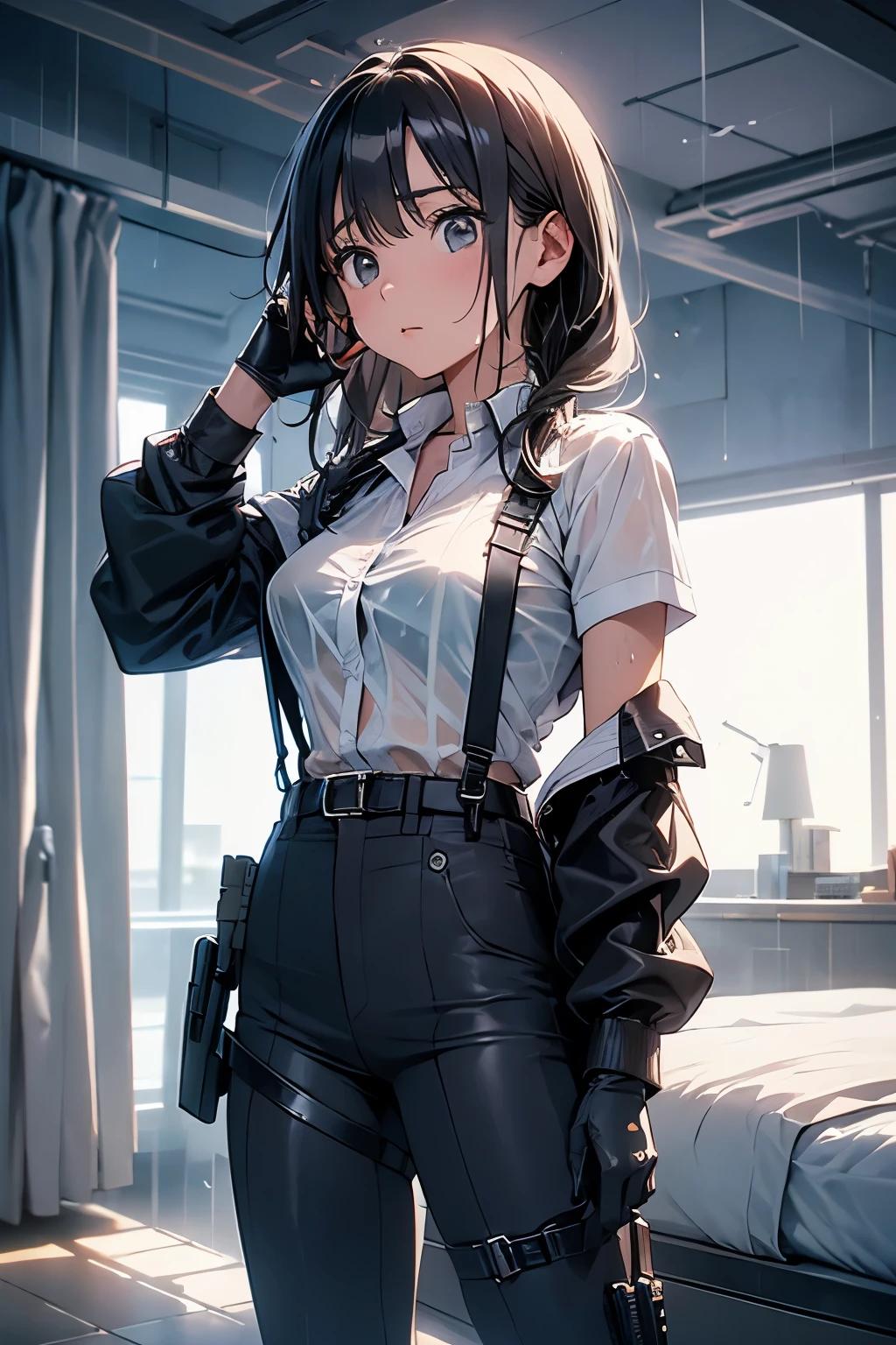 1 female, , high quality, masterpiece, Ultra-high resolution, , Cinema Lighting, , , And the suspenders with the cranes flying Large Breasts Small face holster Lying in bed Looking up Sweat belt summer 脇Sweat Black Hole Gloves suit shirt Black jacket Black trousers Leg Links ズボンにbelt holster Hands behind your back Anxious expression Looking up Anxious face, legs apart Armament Handgun handcuffs Cable ties レッグholster holster See-through clothing heavy rain Getting wet in the rain