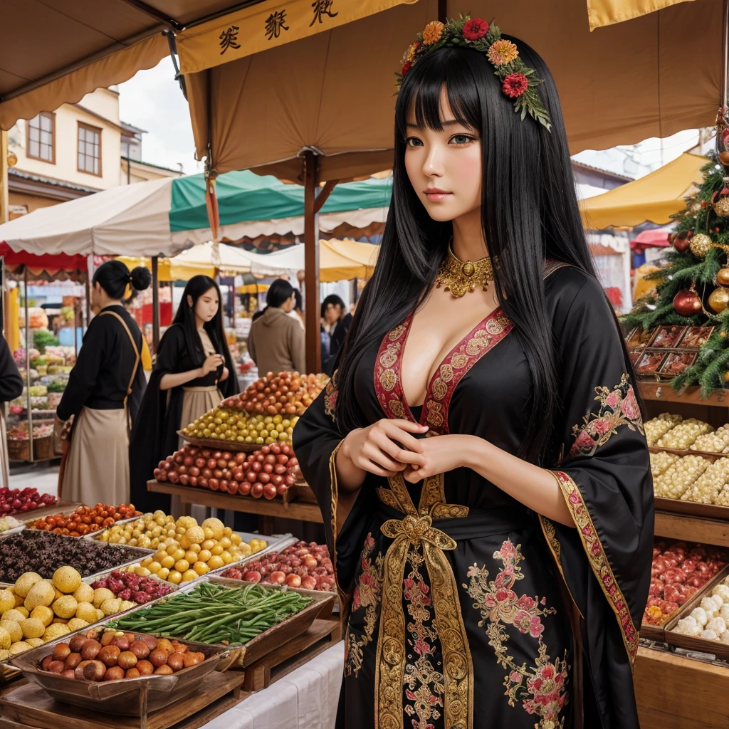 (anime,Realistic:1.2),[Japanese women],[Beautiful attention to detail],[Beautiful lip detail],[Big Breasts:1.6],[Long black hair],[Czech traditional costume],[Vibrant colors],[Ornate Gemstones],[wreath],[A bustling market scene],[Spices and fabrics in the background],[Golden sunset],[Rich cultural atmosphere],[Soft and warm lighting]