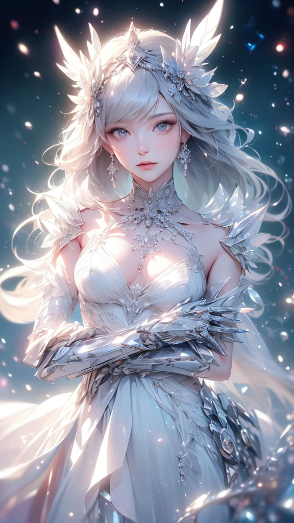 (((Tabletop))), (((Highest quality))), ((Very detailed)), (Very detailed写真), ((Very delicate and beautiful)),(Cute delicate face),here is a digital art of a very futuristic looking female that has armor and armss, One Girl, arms, alone, sf, Holding, Holding arms, robot,Beautiful face and eyes, double eyelid,Delicate skin,Slim figure