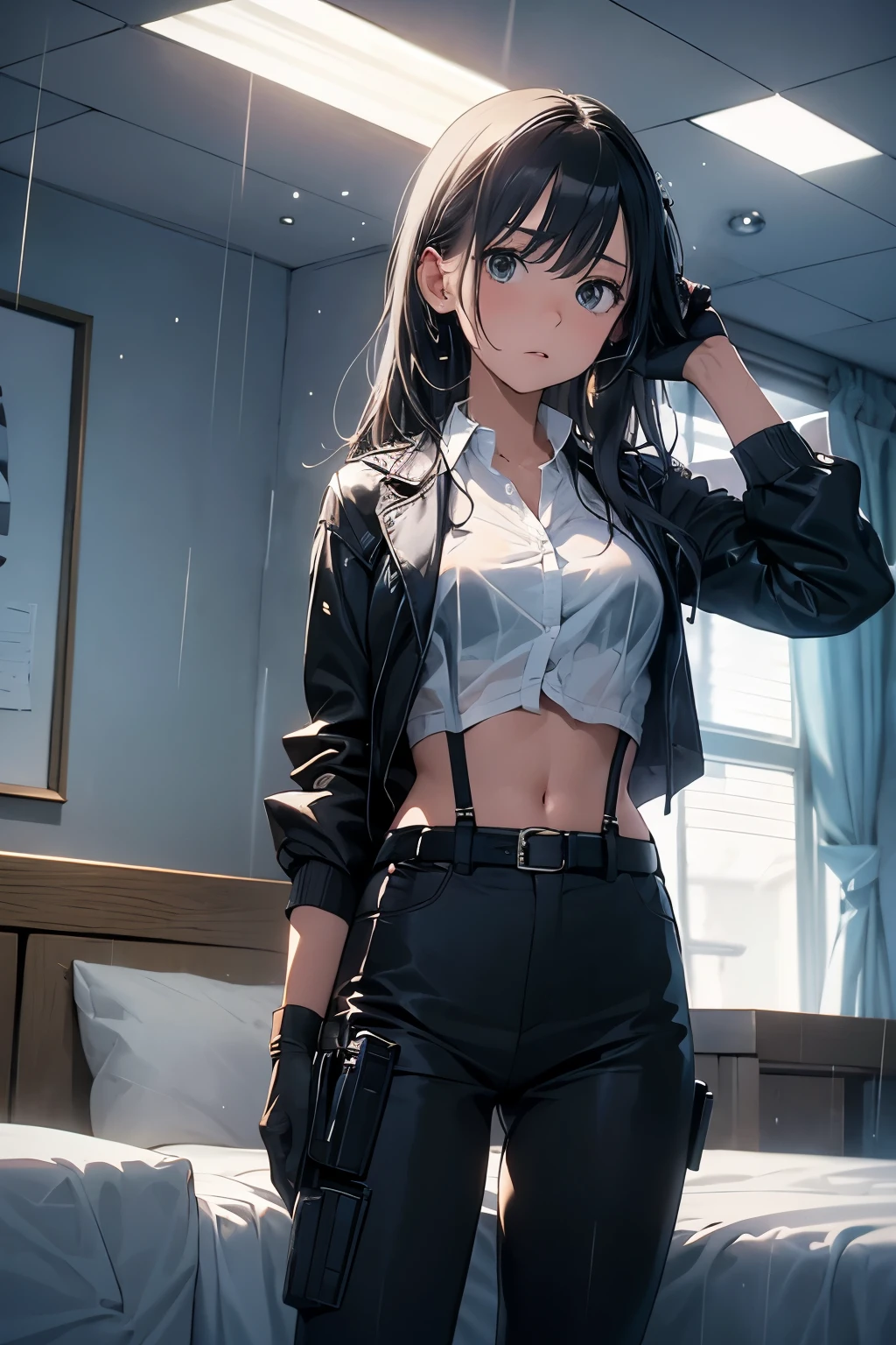 1 female, , high quality, masterpiece, Ultra-high resolution, , Cinema Lighting, , , And the suspenders with the cranes flying Large Breasts Small face holster Lying in bed Looking up Sweat belt summer 脇Sweat Black Hole Gloves suit shirt Black jacket Black trousers Leg Links ズボンにbelt holster Hands behind your back Anxious expression Looking up Anxious face, legs apart Armament Handgun handcuffs Cable ties レッグholster holster See-through clothing heavy rain Getting wet in the rain