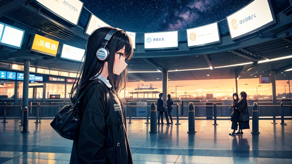 Stand at an airport where you can see the planes。A young girl with black hair wearing stylish clothes and headphones labeled "lo-fi" The girl is shown in profile, gazing into the distance with a calm, relaxed expression Background depicts the iconic scenery of Namba, Osaka at night, without any text on signs A starry night sky adding to the peaceful atmosphere Overall mood is quiet and serene, perfect for lo-fi music Detailed hair rendering and careful attention to the girl's fashionable outfit The entire scene should evoke a relaxing, introspective feeling associated with lo-fi music
