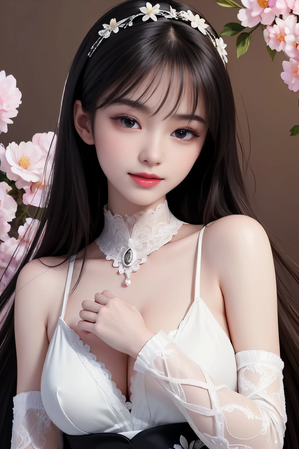 best quality、tmasterpiece、ultra high resolution、actual、1 girl、Glossy skin、((Surreal detailed))、Global photo、8K、Highly complex details、shinning eyes、Black straight hair、highkey、pureerosfaceace_v1、A smile、Elegant pose、plump breasts、White ultra-thin transparent lace、Lots of flowers in the background