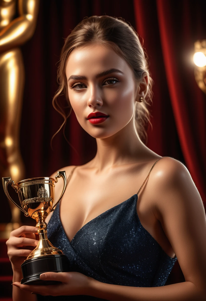 A person winning an award, elegant pose, dramatic lighting, high-resolution, photorealistic, beautiful detailed eyes, beautiful detailed lips, extremely detailed face and expression, dramatic cinematic lighting, award ceremony, spotlights, golden trophy, red carpet, luxurious interior, Chiaroscuro lighting, warm color tones, dramatic shadows, masterpiece, ultra-detailed, 8k