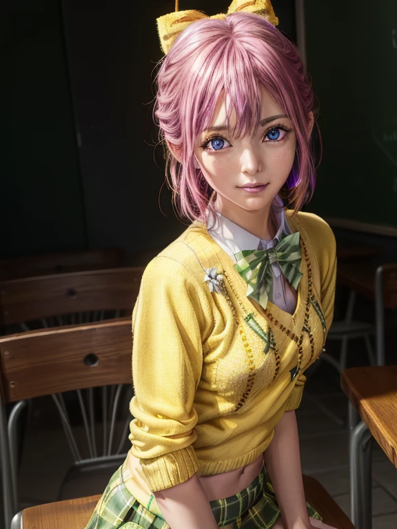 Momodebilke, Deviluke Type, demon tail, Hair Flower, hair ornaments, (Purple eyes:1.1), Pink Hair, short hair, tail, smile,
break demon tail, green skirt, Plaid, Plaid skirt, Sainan High , , skirt, Sweater vest, Knee socks, (Yellow Sweater:1.5), Short sleeve, bow, (green bow:1.5),
break indoors, classroom,
break looking at viewer, (Cowboy Shot:1.5),
break (masterpiece:1.2), Highest quality, High resolution, unity 8k wallpaper, (figure:0.8), (beautiful detailed eyes:1.6), extremely detailed face, Perfect lighting, extremely detailed CG, (Perfect hands, Perfect Anatomy),