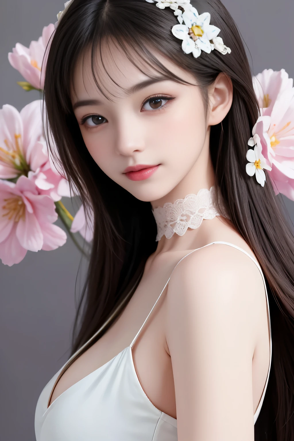 best quality、tmasterpiece、ultra high resolution、actual、1 girl、Glossy skin、((Surreal detailed))、Global photo、8K、Highly complex details、shinning eyes、Black straight hair、highkey、pureerosfaceace_v1、A smile、Elegant pose、plump breasts、White ultra-thin transparent lace、Lots of flowers in the background