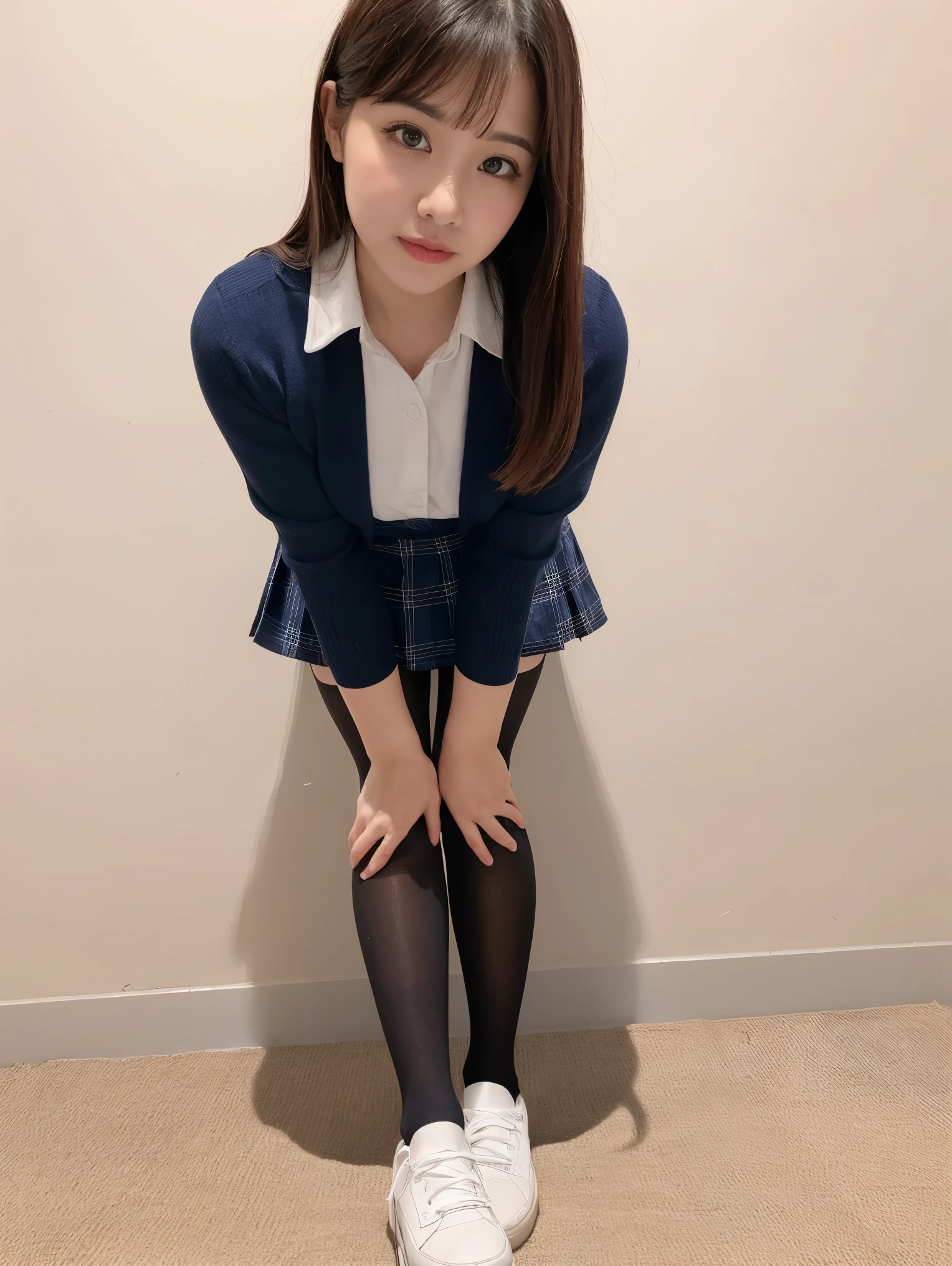 (((8k、High resolution、Highest quality、High resolution)))alone、Natural body shape、White skin、Natural Makeup、((Black Hair、bangs、Straight Long Hair))、((()))、squat、(:1.4)、(())、(((((Full body photo)))))、(((Looking into the camera)))、(((Wear a uniform on the upper body)))、(((Of high school))) 、((white collared long sleeve blouse))、((Beige cardigan))、((Pleated skirt with dark blue plaid pattern、mini skirt、Ultra-realistic pantyhose))、、、Expressionless、((Exposing your thighs)), Beautiful mature woman