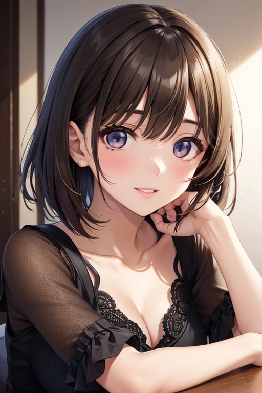 anegasaki nene、Shiny brown hair, short hair, (Beautiful brown eyes、Sparkling eyes, Fine grain)、smile、Ultra-detailed eyes、非常にDetailed face, Highly detailed eyes,


(masterpiece:1.2, Highest quality),8k,wallpaper,((watercolor)),
 Upper body close-up,front,short hair,Wearing a black dress,Perfect Eyes,Detailed face,,Sexy look,Cool woman