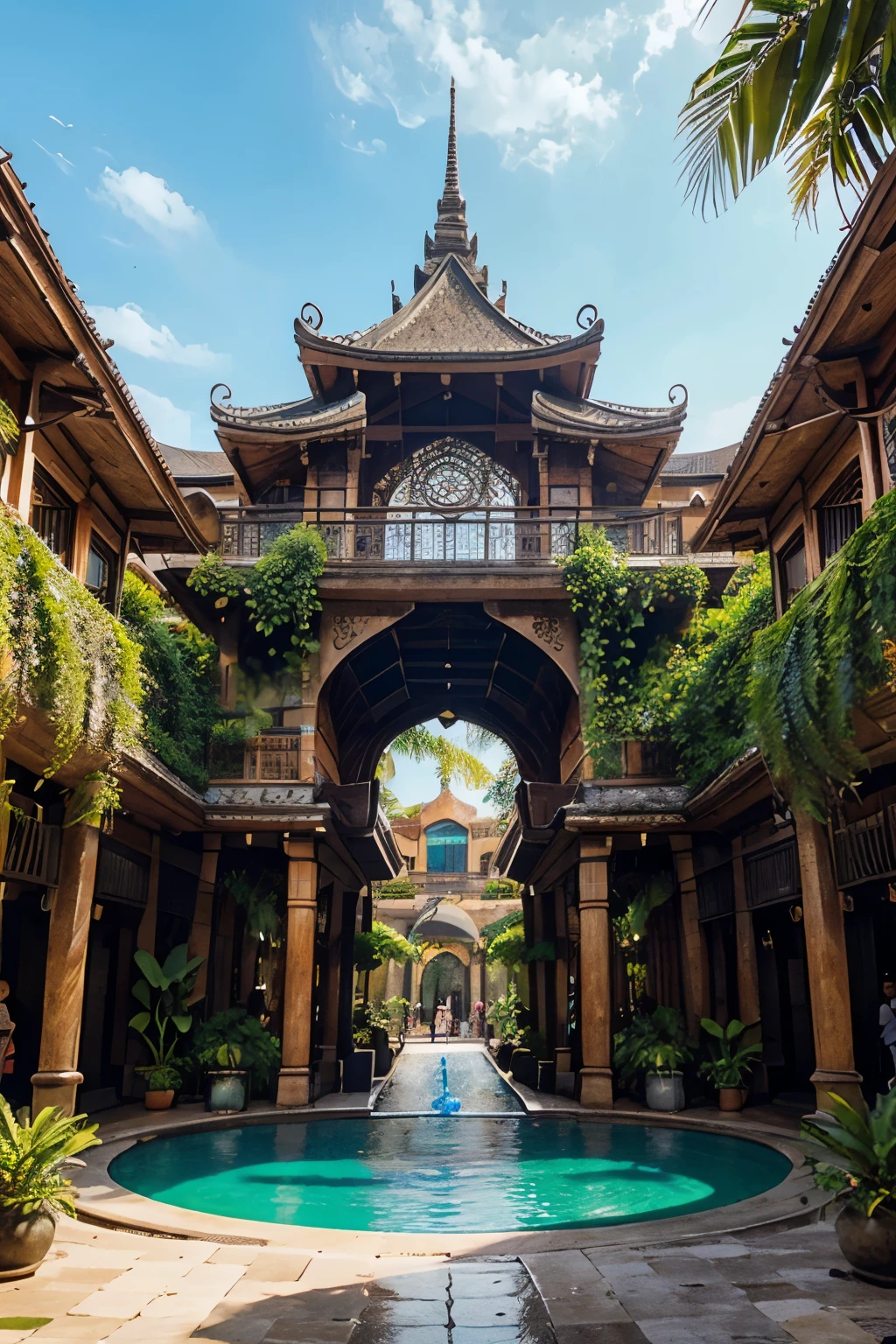 full view for an Urban tropical village, hyperrealistic, hanging gardens, artificial waterfalls, lanterns, southeast asian architecture, megastructure, large grand bazaar, masterpiece, plaza, fountain,
