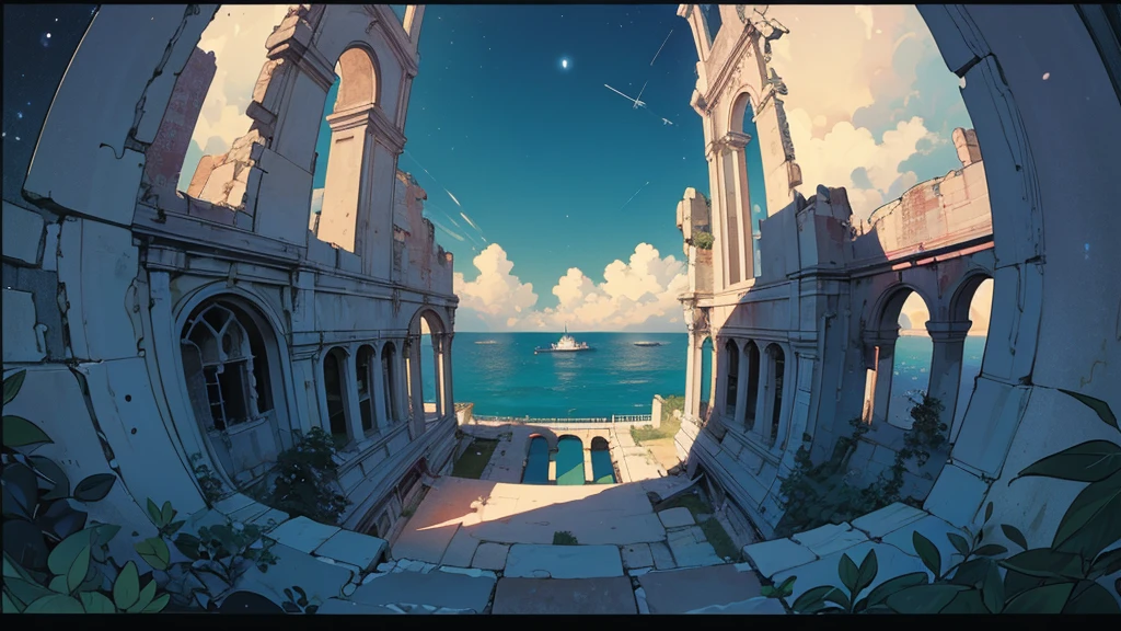 (((Fisheye Lens))), icon, logo, Very wide white background, Superior quality, masterpiece, 8k, Depth of written boundary, Intricate details, (((unmanned))), Very large margins, space, Symbolism, Movie Posters, (((Ruins with a view of the sea))), (((covered with plants )))), Big Moon, Nostalgia, (((night))), Supercar, Panorama, Long Shot, Backlight,night、Starry Sky、No one there、unmanned