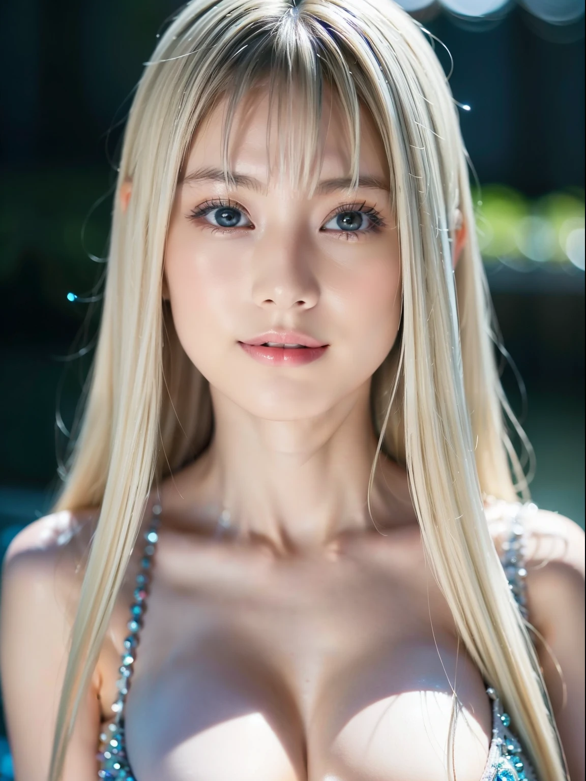 Light Smile、night、RAW Photos、(((A portrait of extreme beauty)))、((Glowing Skin))、1 girl、Beautiful  girl from Prague、Bright expression、((Platinum Blonde Hair))、[Big blue eyes that sparkle like jewels]、Glowing Skin、Silky super long straight hair、eyeliner、Beautiful Bangs、Hair between the eyeasterpiece、最high quality、Ultra-detailed、Film Light、Intricate details、High resolution、Very detailed))、Detailed Background、8 time、Digital SLR、Soft Light、high quality、Film Grain、Fujifilm XT3 、Shallow depth of field、Natural soft light、（Without hands）、Kamimei、Ample breasts(Large Breasts、Cleavage：1.2)