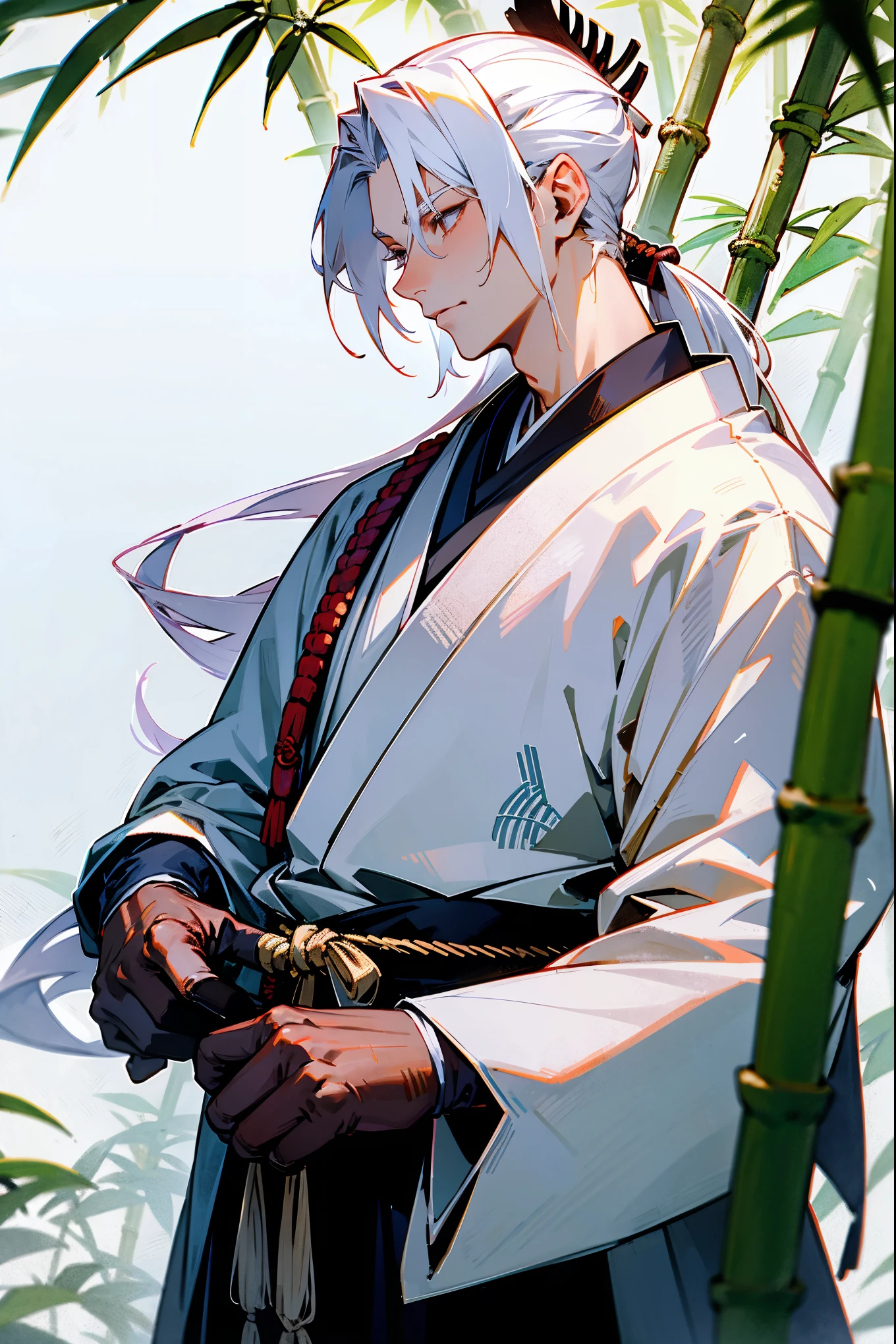 1male, white hair, long and tied back, wearing traditional samurai armor, standing in a bamboo forest, detailed face, hands to the side.