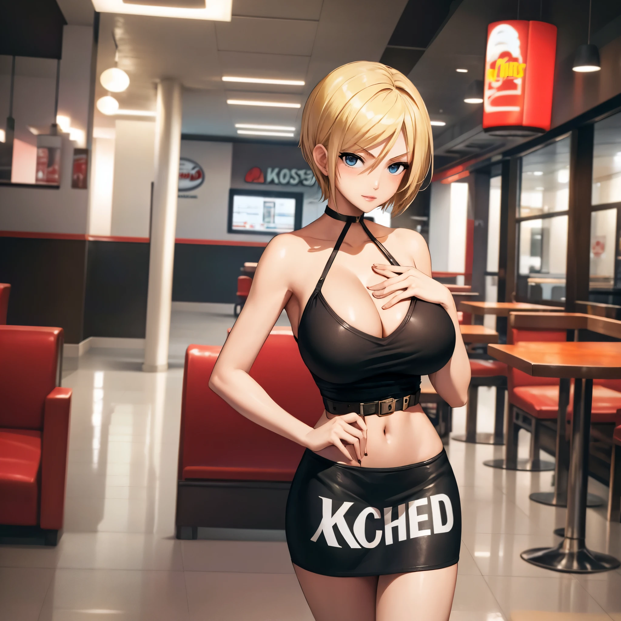 Your influencer character(sexy milf boobs) short blonde hair in the KFC restaurant, casual interior, short dress,showing sexy legs , lovely expression bright color Profile picture for instagram Pose