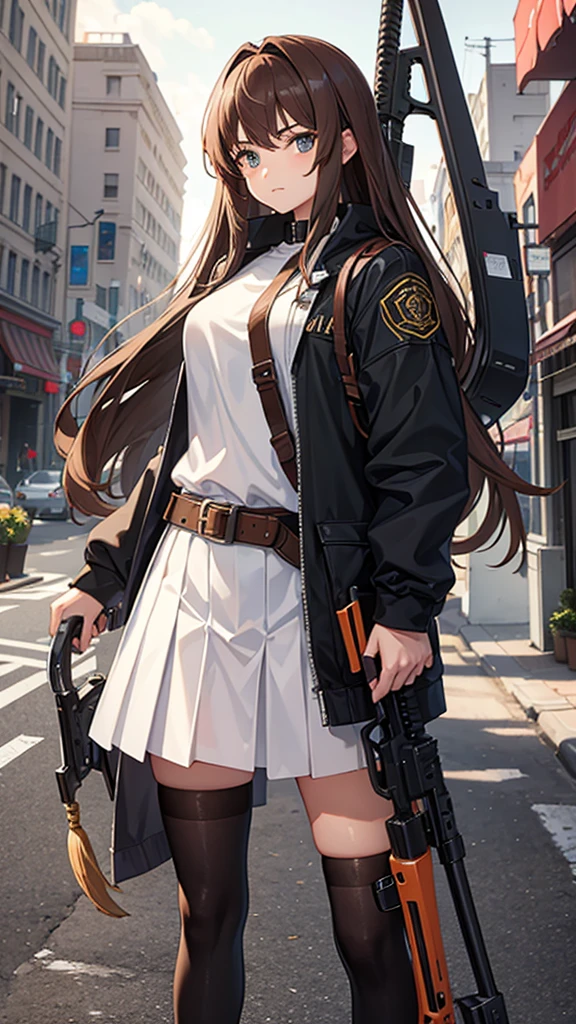 girl with weapons and long brown hair