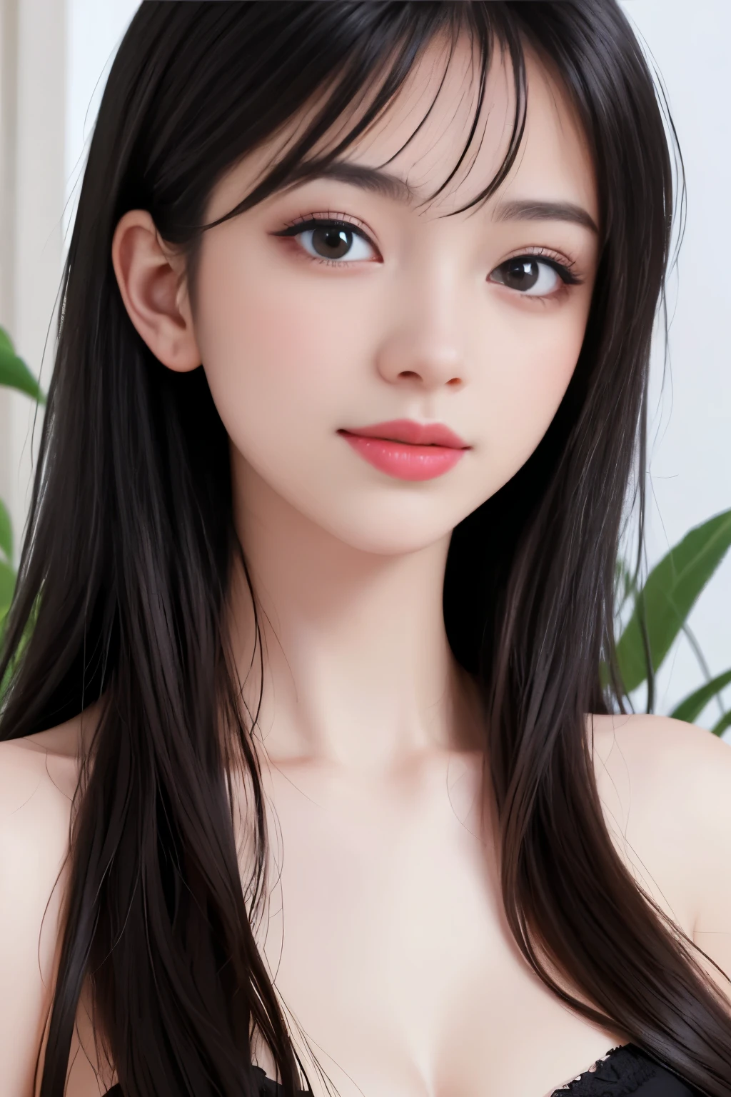 best quality、tmasterpiece、ultra high resolution、actual、1 girl、Glossy skin、((Surreal detailed))、Global photo、8K、Highly complex details、shinning eyes、Black straight hair、highkey、pureerosfaceace_v1、A smile、Elegant pose、plump breasts、White ultra-thin transparent lace、Lots of flowers in the background