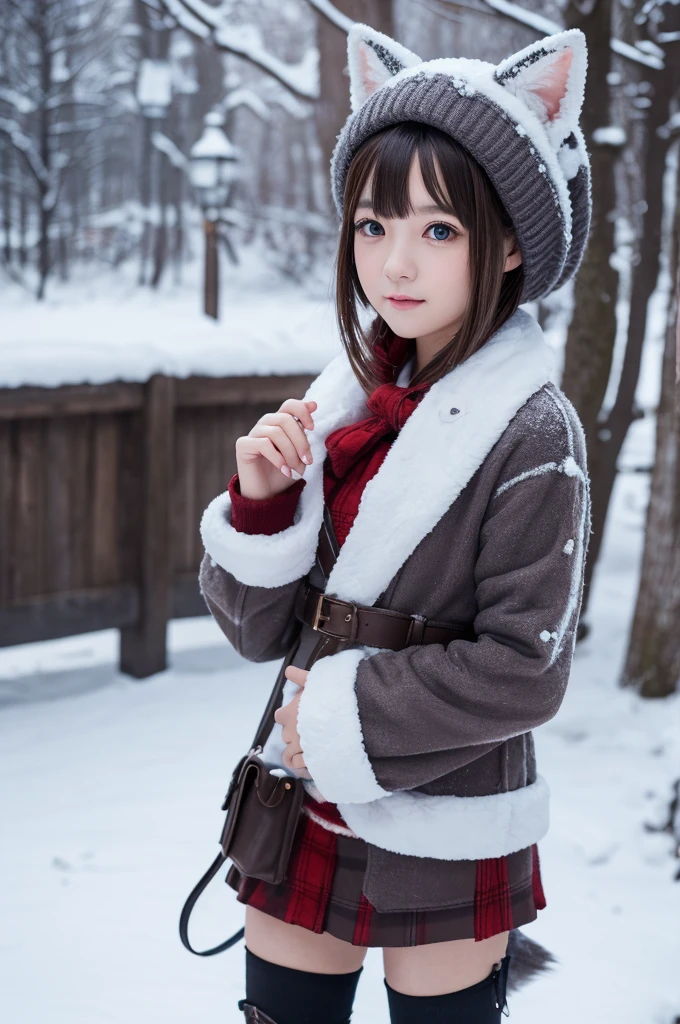 best image quality、"Create cute creature masterpieces.、(winter)American Shorthair, high detail, In 8K、best image quality、Dressed as an adventurer、Bogan in hand、Video Game Hero Costume、(((cute)))、