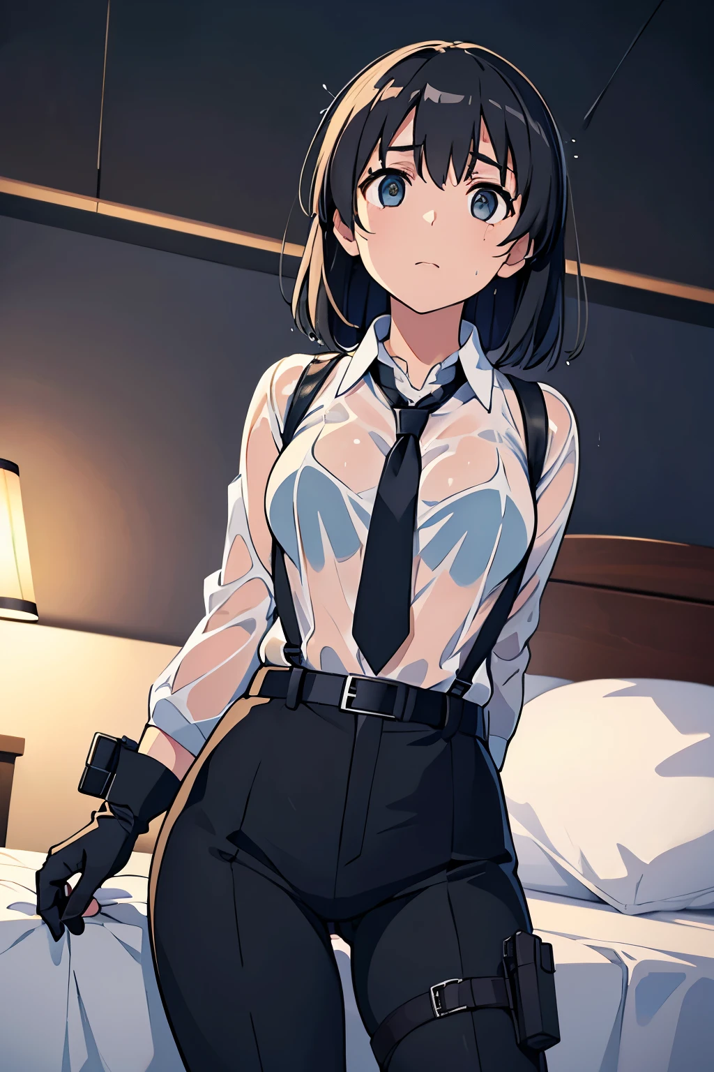 1 female, , high quality, masterpiece, Ultra-high resolution, , Cinema Lighting, , , And the suspenders with the cranes flying　　　Large Breasts　 　 　　　　Small face　 　　　holster　　　　　　　 Lying in bed　Looking up　　　　Sweat 　　　belt　summer　脇Sweat 　Black Hole Gloves　suit　shirt　　Black jacket　 Black trousers　Leg Links　ズボンにbelt　　holster　 　　Hands behind your back　 Anxious expression　Looking up　Anxious face, legs apart　Armament　Handgun　handcuffs　Cable ties　レッグholster　holster　See-through clothing　heavy rain　Getting wet in the rain