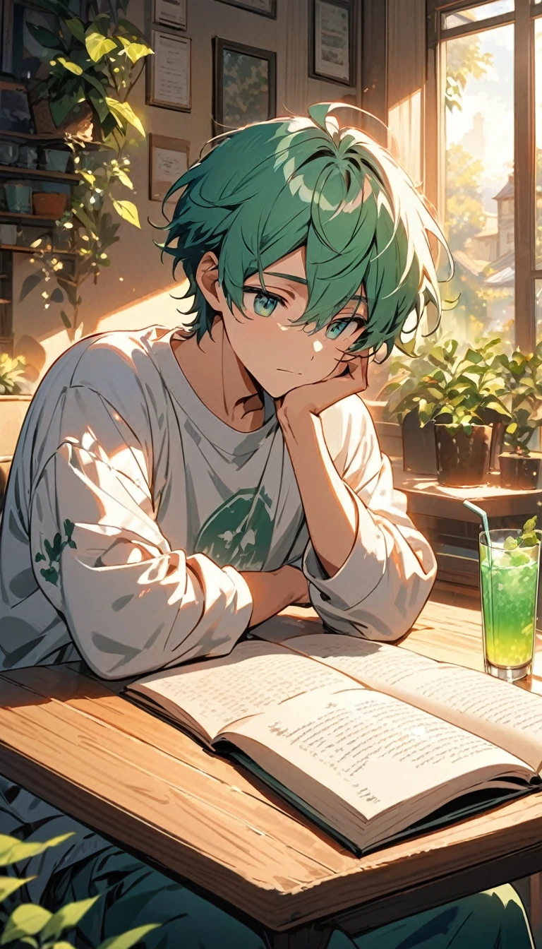 beautiful young male, short hair,A highly detailed anime-style illustration of a young person sitting in a cozy café. They have mint green hair, styled in soft, wavy locks that frame their face. Their eyes are large and a vibrant shade of red, with a dreamy, slightly absent-minded expression. They are wearing a loose, oversized white sweatshirt. Their right hand is resting against their cheek, while their left hand is gently placed on an open book on the table. In front of them is a tall glass of a blue drink with a straw and a cherry on top. The background features a window with bright sunlight streaming in, casting a warm glow, and some green plants in the background, adding to the serene and relaxed atmosphere. The overall mood is peaceful and introspective, capturing a quiet moment of contemplation.