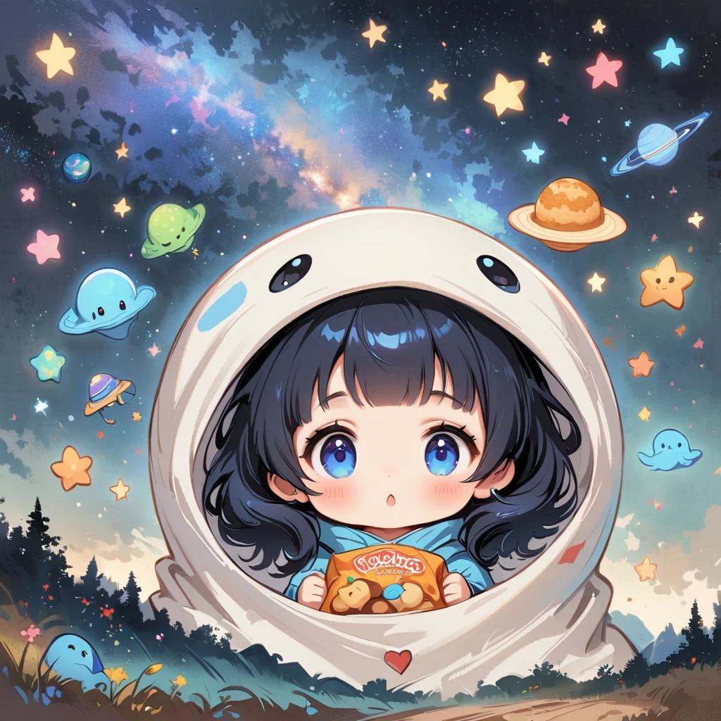 เด็กสาวDark blue hairนั่งอยู่ในชุดอวกาศที่ลอยอยู่ในอวกาศ,Dark blue hair, blue eyes, Surrounded by the Milky Way, universe , Cutely. Eat snacks, meet aliens, Babygirl sit in spacesuit floating in space,glabrous, surrounded by the Milky Way, the universe , cutely, Babygir hair is nevy blue, Dark blue hair.