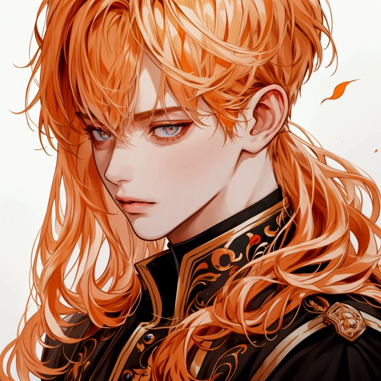 {{{best quality}}}, {1boy}, depth of field, beautiful detailed eyes, {game cg}, angular face, beautiful guy, angular face, adult, watercolor on paper, {{{{{{2024 manhwa style}}}}}}, beautiful, sexy, {{{{perfect eyes}}}}, attractive, short hair, full lips, male model, cinematic masterpiece, {{{{{detailed high quality face}}}}}, 8k quality, {{{{{proportional face}}}}}, perfect face, stunning, perfect body, soft features, muted colors, Best quality, masterpiece, super high resolution, male, man, very handsome, beautiful, bright orange long hair, straight hair, bangs parted in the middle, solo, very attractive, golden eyes, shining, detailed background, ethereal, royal attire, royal clothes, very detailed, plump lips, sharp eyes, face view