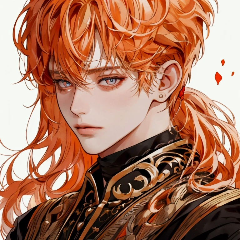 {{{best quality}}}, {1boy}, depth of field, beautiful detailed eyes, {game cg}, angular face, beautiful guy, angular face, adult, watercolor on paper, {{{{{{2024 manhwa style}}}}}}, beautiful, sexy, {{{{perfect eyes}}}}, attractive, short hair, full lips, male model, cinematic masterpiece, {{{{{detailed high quality face}}}}}, 8k quality, {{{{{proportional face}}}}}, perfect face, stunning, perfect body, soft features, muted colors, Best quality, masterpiece, super high resolution, male, man, very handsome, beautiful, bright orange long hair, straight hair, bangs parted in the middle, solo, very attractive, golden eyes, shining, detailed background, ethereal, royal attire, royal clothes, very detailed, plump lips, sharp eyes, face view