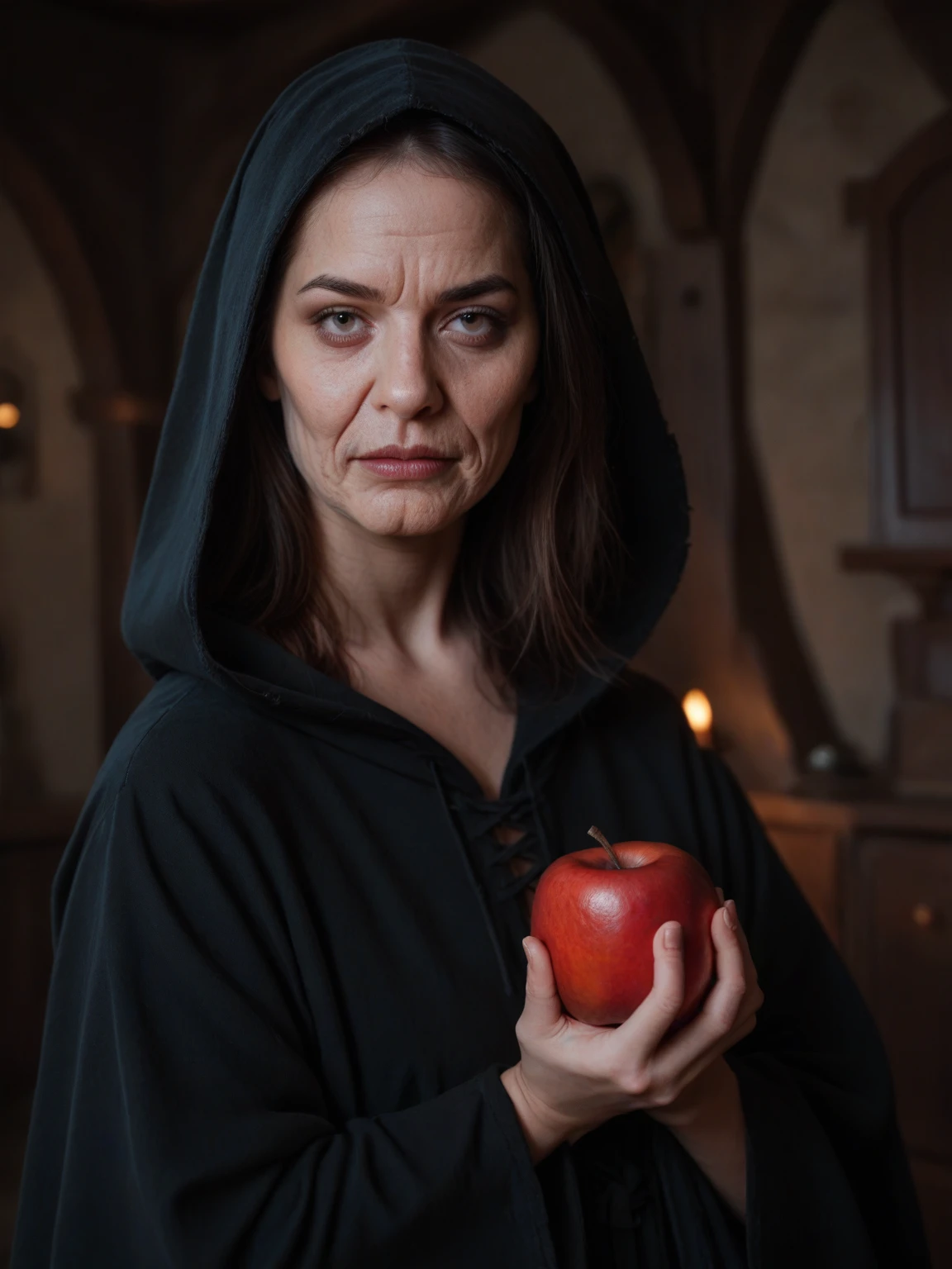 score_9, score_8_up, score_7_up, score_6_up, score_5_up, score_4_up, realistic style, photo, photorealistic, high detail, photo of a very old witch, scary wrinkled face, ugly face, black hooded robe, holds out a red apple to the viewer on her palm, looks at the viewer, old witch's hut, dark lighting, gothic lighting, tag1, tag2