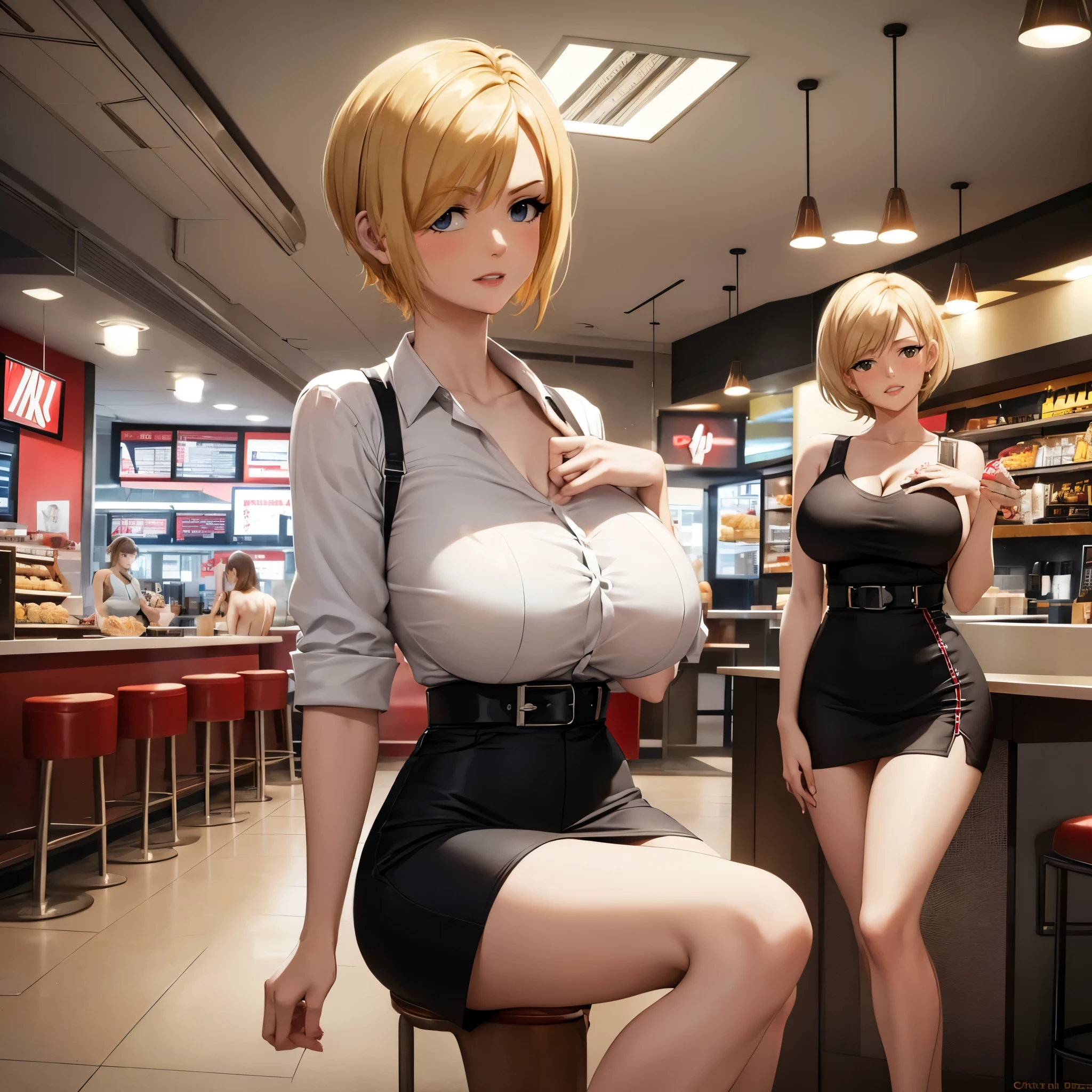 Your influencer character(sexy milf boobs) short blonde hair in the KFC restaurant, casual interior, short dress,showing sexy legs , lovely expression bright color Profile picture for instagram Pose