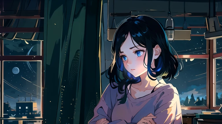 Create an illustration of a girl with black hair and blue eyes, sitting in a chair in front of a desk, Sentimental, Introspective look。, The moonlight gently shines into the room, Gently illuminate the space, Curtains sway in the wind, Increase tranquility, Dark mood, Emphasise the theme of loneliness, silence, And the depths of night, The room is dark、dimly lit by the moonlight