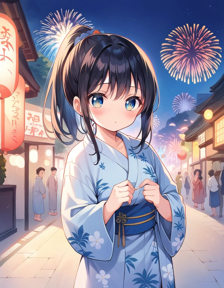 masterpiece, best quality, extremely detailed, anime,A Girl, cute,black hair, ponytail, yukata, blush, shyness, fireworks display, empty night street, large fireworks