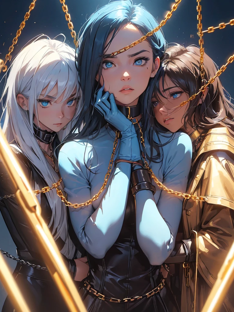 (superflat, masterpiece, flat shading, flat colors:1.1), Cinematic shot, Masterpiece, ((3 females, lesbian orgy, lesbian sex scene)), european, (3 beautiful females), standing female teacher with two girls on a leash, humiliating , golden halo, halo, (hands on neck, choking:1.3), (chained, tied, golden chain, chain around bodies , chained collar, handcuffs, bdsm, rough:1.4), leather gloves, leather, slim, angel wings, (cold light, cold blue tones), flat blue background, highly detailed, best quality, close, low_angle_human