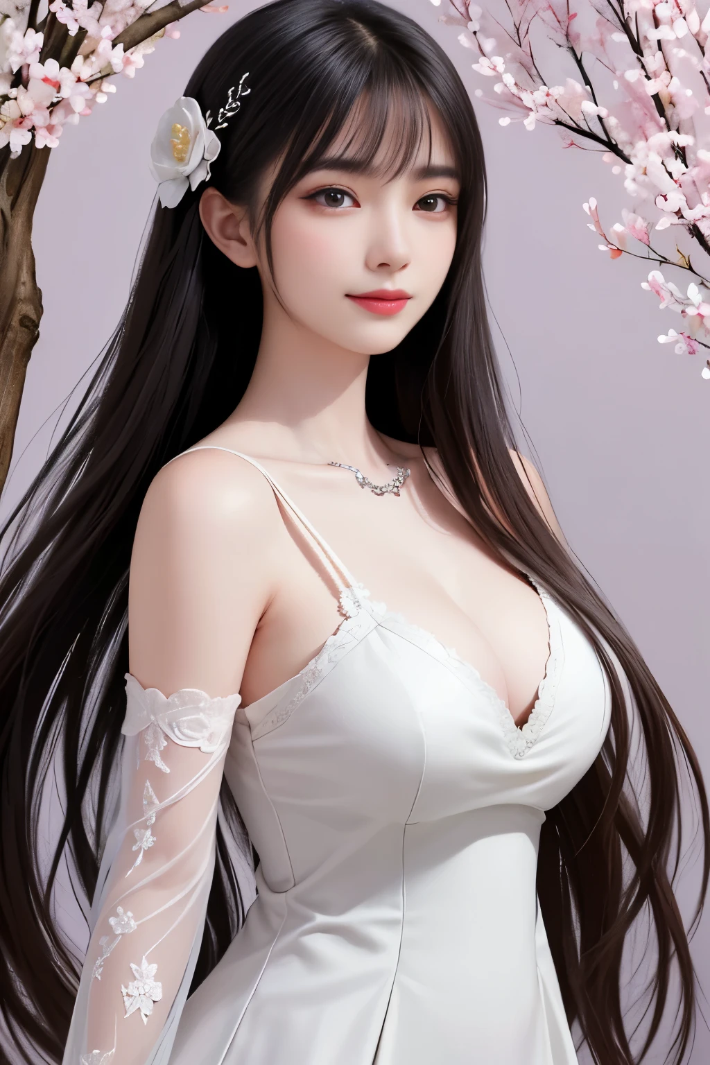 best quality、tmasterpiece、ultra high resolution、actual、1 girl、Glossy skin、((Surreal detailed))、Global photo、8K、Highly complex details、shinning eyes、Black straight hair、highkey、pureerosfaceace_v1、A smile、Elegant pose、plump breasts、White ultra-thin transparent lace、Lots of flowers in the background