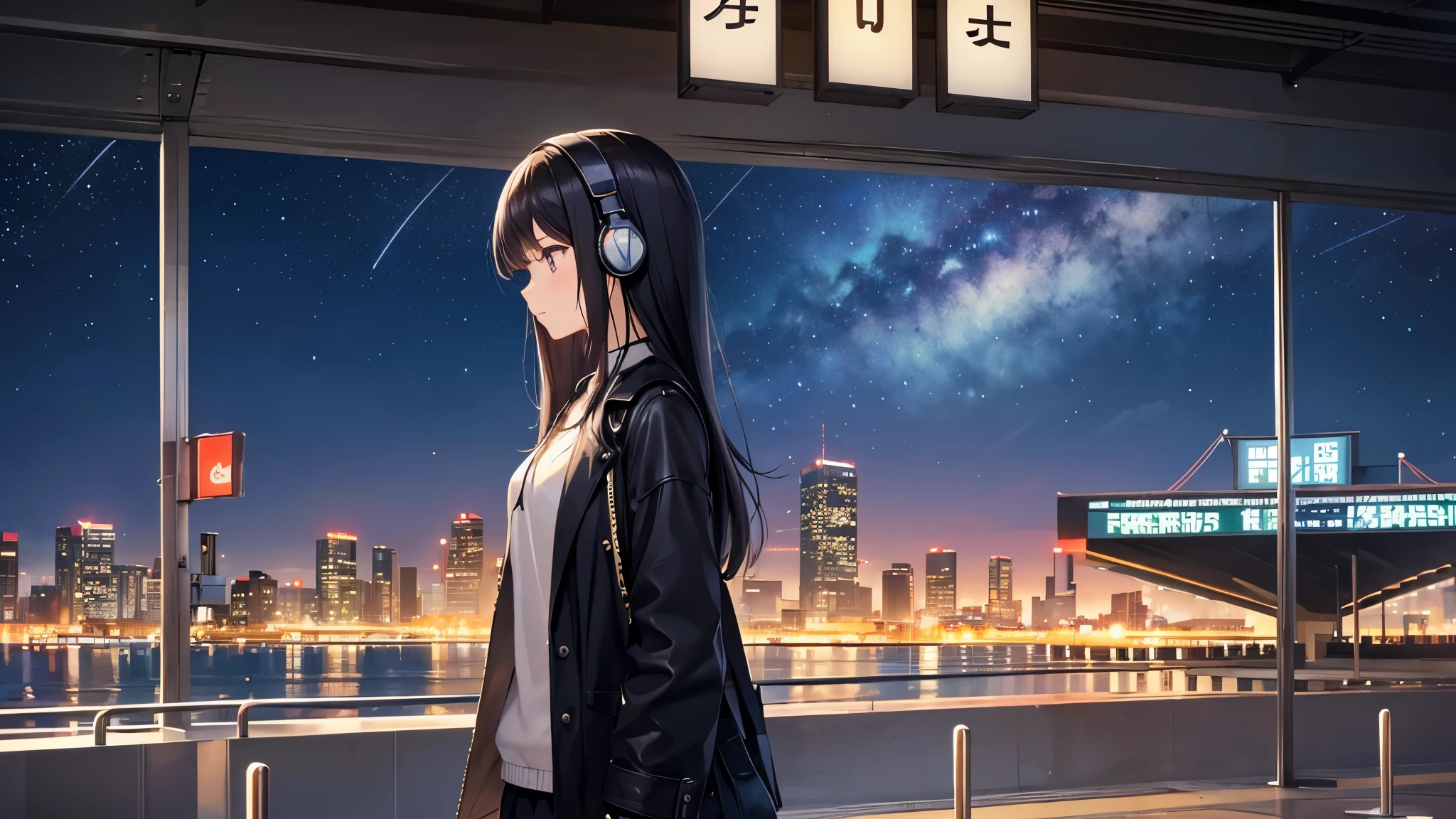 Stand at an airport where you can see the planes。A young girl with black hair wearing stylish clothes and headphones labeled "lo-fi" The girl is shown in profile, gazing into the distance with a calm, relaxed expression Background depicts the iconic scenery of Namba, Osaka at night, without any text on signs A starry night sky adding to the peaceful atmosphere Overall mood is quiet and serene, perfect for lo-fi music Detailed hair rendering and careful attention to the girl's fashionable outfit The entire scene should evoke a relaxing, introspective feeling associated with lo-fi music