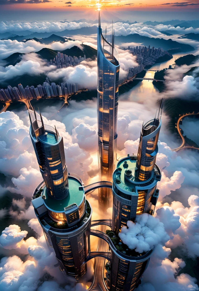 The city stands on top of the clouds, and its buildings are entirely made of liquid metal, which can be constantly transformed and reconstructed according to the wishes and needs of residents. When dawn first appears, tall buildings transform into winding bridges, and at midnight they become dazzling starry towers, presenting an unprecedented picture of life, (masterpiece, best quality, Professional, perfect composition, very aesthetic, absurdres, ultra-detailed, intricate details:1.3)