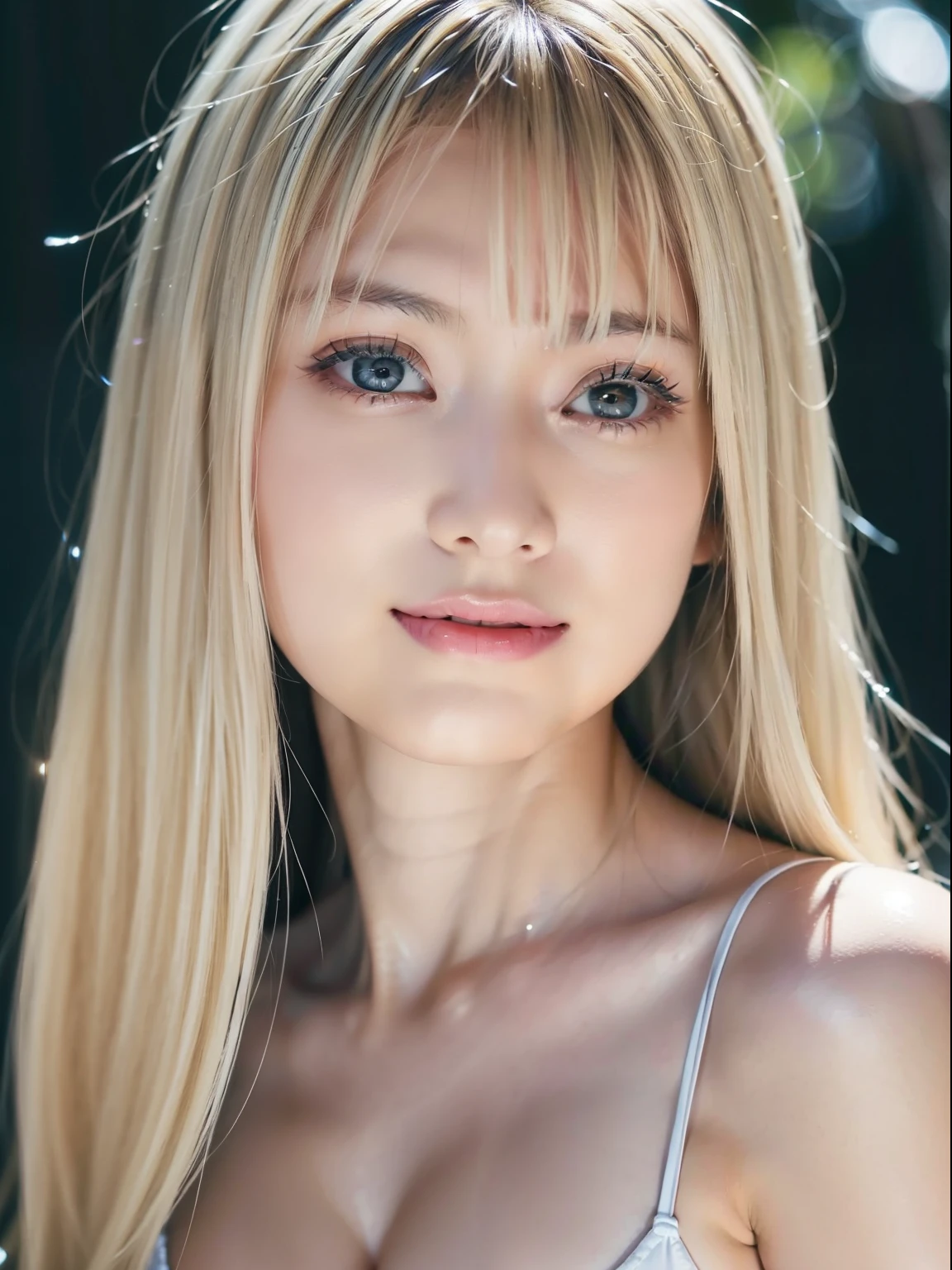 1 Girl, Beautiful, Indonesian Baby Face, 20 Years Old, White Skin, Armpit, ((muscles:1.3)), ((roundedbreastssize:1.5)), White Asymmetric Dress, Blue Eyes, Night Market Outdoor, Silver Hair, HDR, 8k, Masterpiece, Extremely Realistic Detailed, Extreme Lighting, Extremely Best of Photography, ((portrait:1.5)), ((bokeh:1.2))