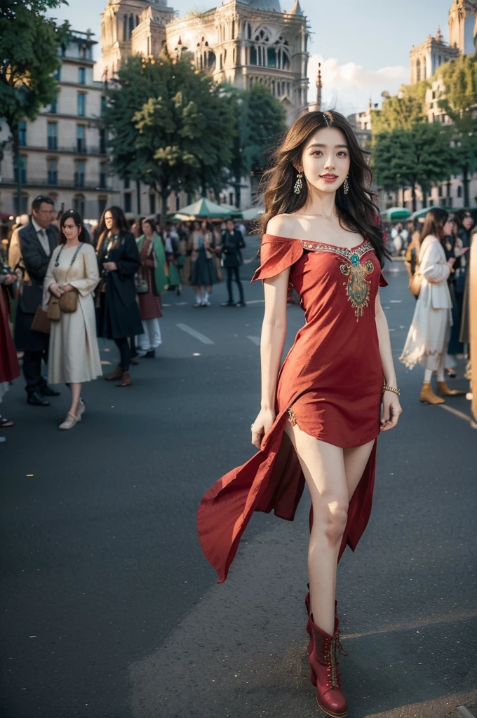 (((best quality))),(((ultra detailed))),(((masterpiece))),illustration,((1 beautiful girl,female Gypsy dancer,solo)),(shoulder length wavy bob hair:1.2),(laughing:1.3),((slim,thin)),((small breasts,flat chest)),(detailed eyes:1.3),(Bohemian style embroidered red dress:1.5),(short sleeves:1.2),((earrings)),mystery,charm,(standing:1.3),(arms behind back:1.3),(slender legs:1.2),(boots:1.3),(On the square outside Notre Dame Cathedral in Paris:1.5),(ancient Paris:1.2),traditional attire,vendors,fruits,handcrafted objects,pastries,bakeries,spire,Gothic architecture,sunlight,ethereal glow,busy cityscape,out of place,free spirit,creativity,lost in thoughts,dreams,possibilities,bygone era,snapshot,essence,magic of summer,(day scene:1.3),(outdoor:1.3),(surrounded by crowded crowds:1.3),((from front,full body))