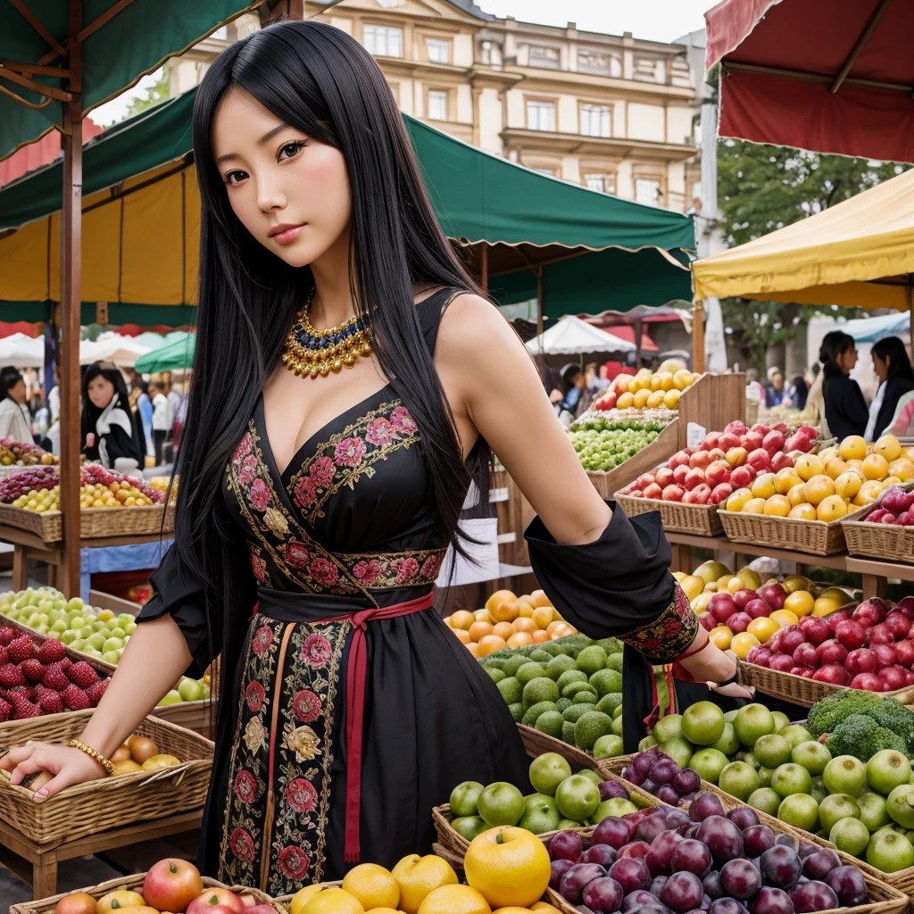 (anime,Realistic:1.2),[Japanese women],[Beautiful attention to detail],[Beautiful lip detail],[Big Breasts:1.6],[Long black hair],[Czech traditional costume],[Vibrant colors],[Ornate Gemstones],[wreath],[A bustling market scene],[Spices and fabrics in the background],[Golden sunset],[Rich cultural atmosphere],[Soft and warm lighting]