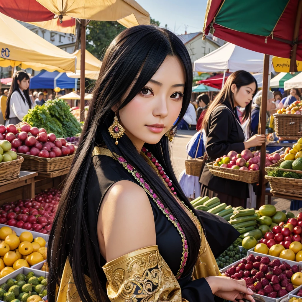 (anime,Realistic:1.2),[Japanese women],[Beautiful attention to detail],[Beautiful lip detail],[Big Breasts:1.6],[Long black hair],[Czech traditional costume],[Vibrant colors],[Ornate Gemstones],[wreath],[A bustling market scene],[Spices and fabrics in the background],[Golden sunset],[Rich cultural atmosphere],[Soft and warm lighting]