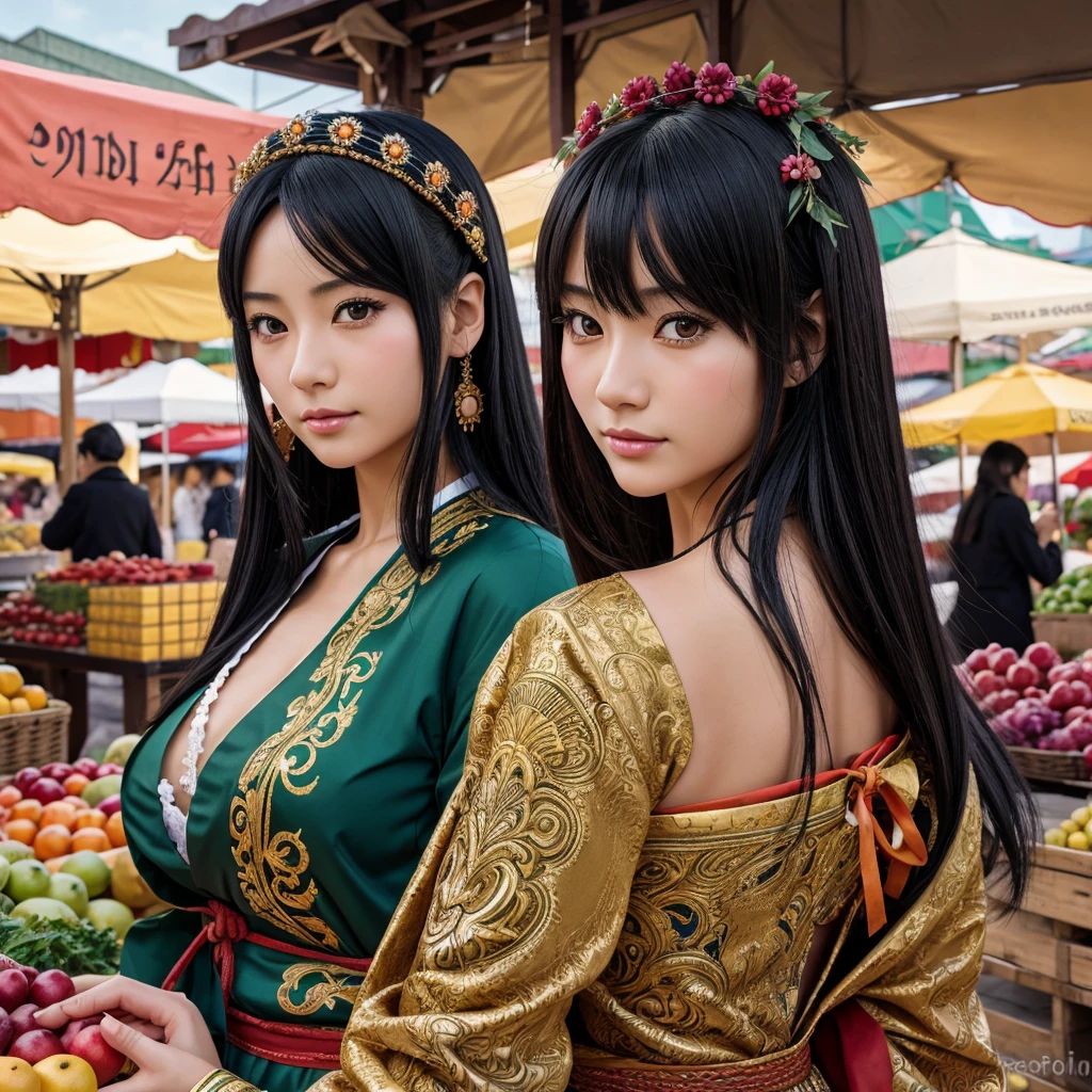 (anime,Realistic:1.2),[Japanese women],[Beautiful attention to detail],[Beautiful lip detail],[Big Breasts:1.6],[Long black hair],[Czech traditional costume],[Vibrant colors],[Ornate Gemstones],[wreath],[A bustling market scene],[Spices and fabrics in the background],[Golden sunset],[Rich cultural atmosphere],[Soft and warm lighting]