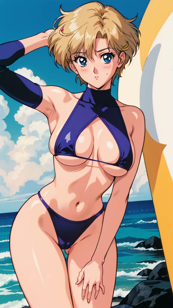 Browsing Caution, 1990s \(style\), retro artstyle, 1990s anime cels style, Highest quality, High resolution, Ocean,Huge breasts, Mature Woman, Medium chest, Aqua Eye, Blonde, Leopard print micro bikini,blush, Embarrassing, Leaning forward,Tennou Haruka
