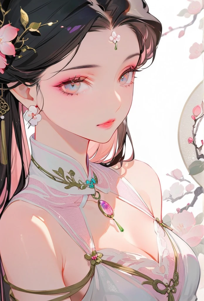 Gentle and charming Chinese beauty, Half-length photo, Exquisite and  clavicle, Charming oval face, Double eyelids, Vivid peach eyes, Pink lips, Small nose,  shoulders, focused face, Close-up of face, Ultra HD, Super Detail, elegant standing posture, Ultra-thin light-transmitting wet yarn