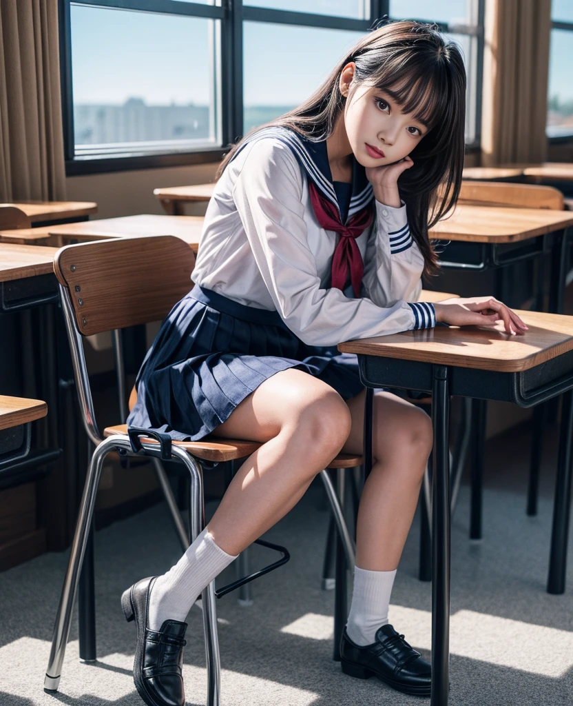 (masterpiece, 8k, best quality:1.2), sitting in the classroom, 1girl, 18 years old, sailor uniform,(((ankle length skirt))), beautiful detailed eyes, beautiful detailed lips, extremely detailed face and features, long eyelashes, school interior, desk, chair, window, sunlight, realistic, photorealistic, vivid colors, cinematic lighting, warm tones, highly detailed