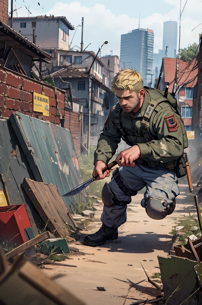 Russian man, soldier hair cut, blonde, USSR army, sharpen eyes, destroyed city, battle field, cinema