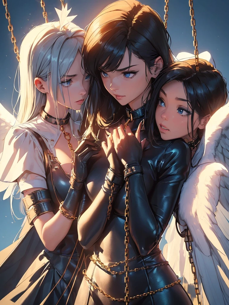 Dynamic shot, ((3 females)), A picture of 2 beautiful succubus dominating 1 sexy nun on a leash, ((2 demon females and a nun)), female domination, bent, exposed, nun, demons, beautiful succubuses, horror, dark, sexy, rough domination, domination, nun on a leash, bdsm, golden chains,(golden leash), collar, beautiful bodies, slim, horror style, scared, highly detailed faces, stockings, (silk lingerie, stockings), leather tight boots, sharp camera angle , closeup, blue background