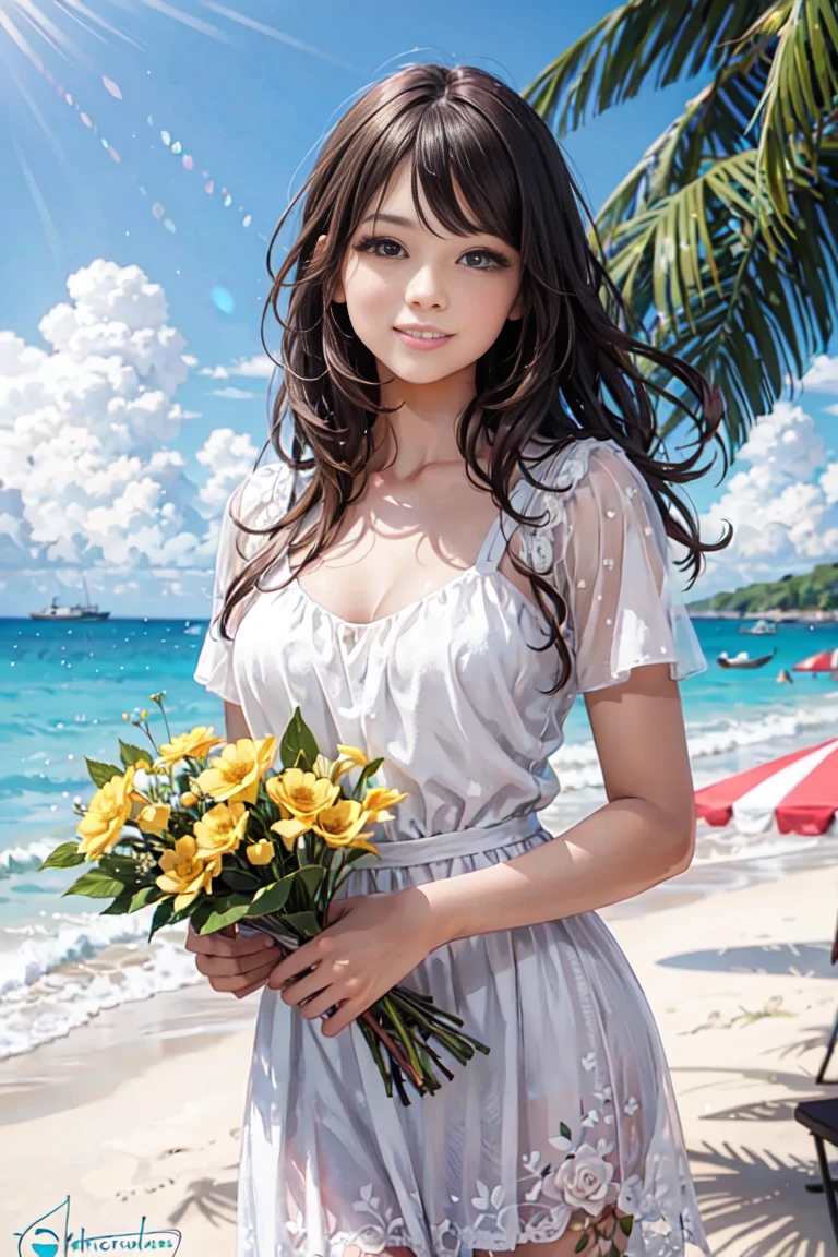 a beautiful woman, a white and dress, in a beautiful beach, long hair in a mess, flirting, light smile, Holding flowers, ultra HD, realistic, bright colors, high detail, UHD drawing, perfect composition, beautiful detailed complex