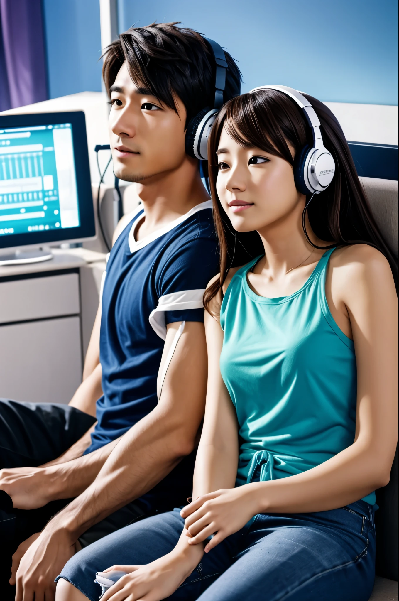 anime couple listening to music together