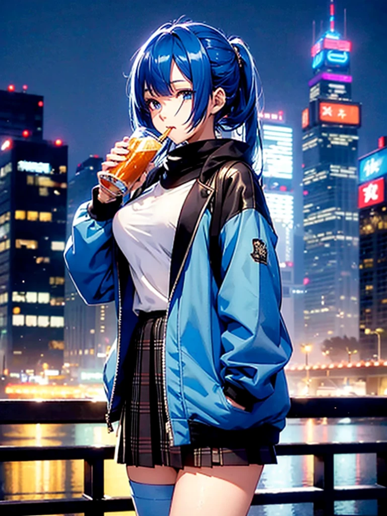 a beautiful young woman, detailed blue hair, standing in city, confident expression, 18 years old, high detailed, semi-realistic, masterpiece, 8k, photorealistic, cinematic lighting, elegant anime girl, cosplay, Hoshimachi Suisei, Hololive, Vtuber, wearing oversized jacket and skirt, small breast, drinking box apple juice, accurate
