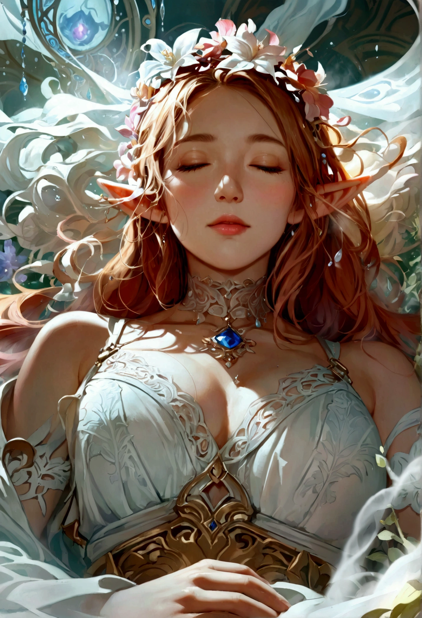 Atmospheric perspective, 8k, Very detailed, Accurate, Highest quality, masterpiece,Very detailedな,Sharp focus,High resolution、Waist shot of a female elf, Complex, Thin face, elegant, ((In a relaxed sleeping position)), ((A mist-like pheromone that surrounds women)), Wear a sapphire necklace, White Lightweight dress with straps, To the camera, Very detailedな, Digital Painting, Art Station, Concept Art, Smooth, Sharp focus, shape, art jam、Greg Rutkowski、Art by Alphonse Mucha, 8k, Volumetric Fog, bloom, Light, lumen, Crank Blur