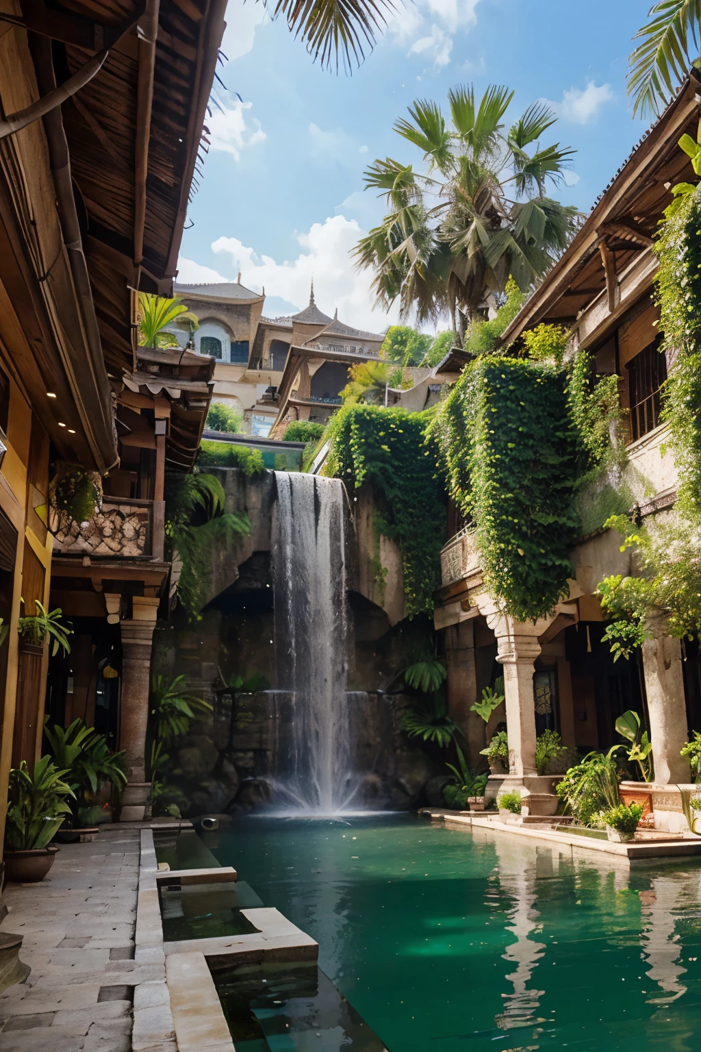 Full side view for an Urban tropical village, hyperrealistic, hanging gardens, southeast asian architecture, megastructure, large grand bazaar, masterpiece, plaza, fountain,